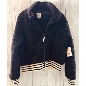 Ivory Ella Black White Sherpa Cropped Bomber Jacket Size XL NEW